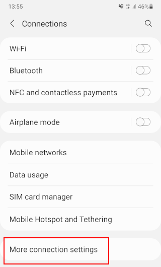 Open more connection settings on an Android phone