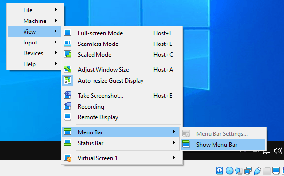 VirtualBox top menu missing (not showing)? How get it back