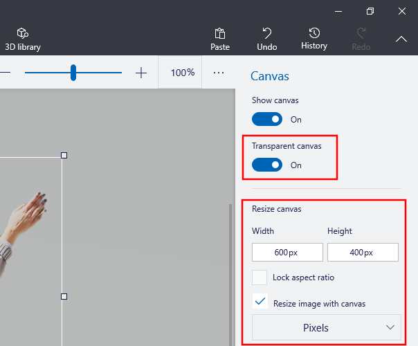 Transparent canvas and resize canvas option in Paint 3D