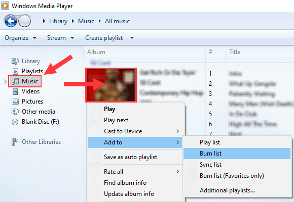 Add album to burn list in Windows Media Player
