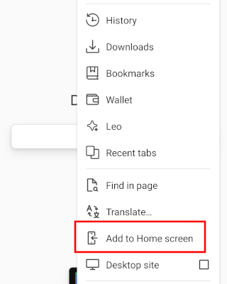 Add a website to the home screen on Android using Brave browser