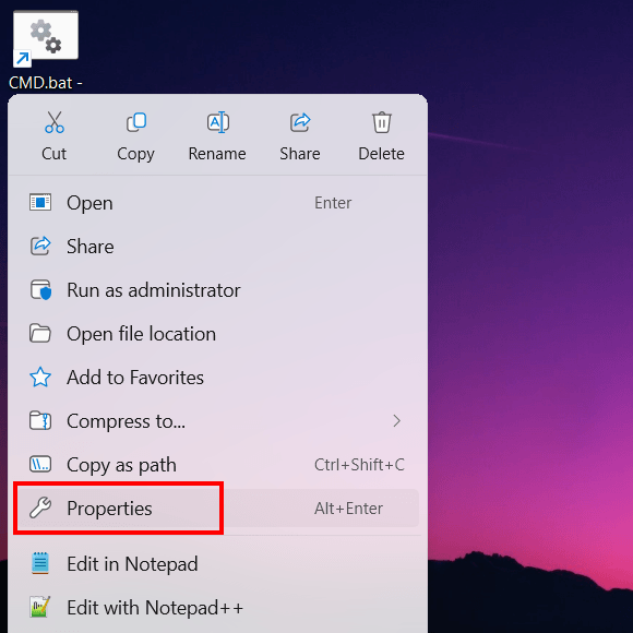 Batch file shortcut properties