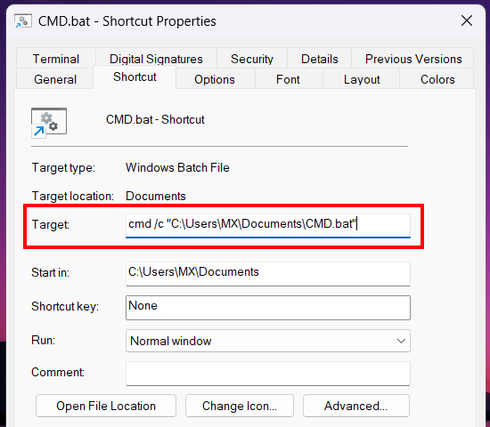 Batch file shortcut target