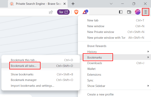 Bookmark all tabs in Brave