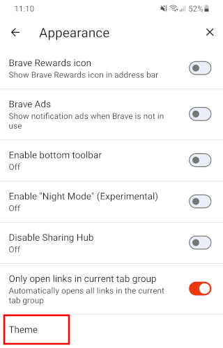 Brave browser theme setting on Android