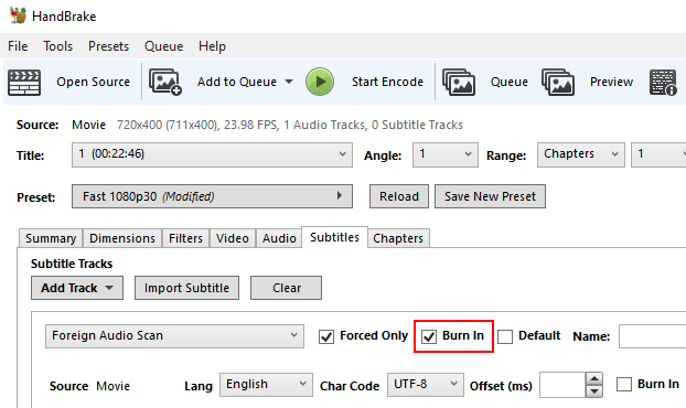 Burn in option in HandBrake