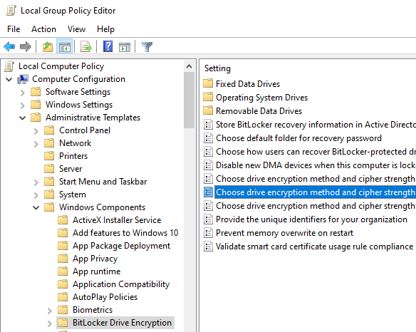 Choose drive encryption method and cipher strength