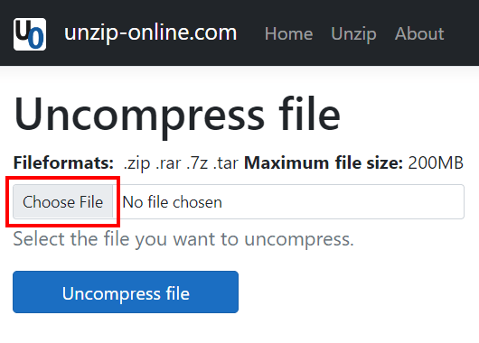 Choose File button on Unzip-Online