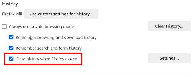 Clear history when Firefox closes option