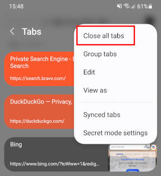 Close all tabs in Samsung Internet