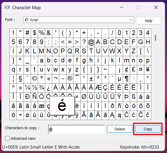 Copy a character or symbol in Windows Character Map