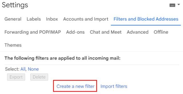 Create a new filter in Gmail