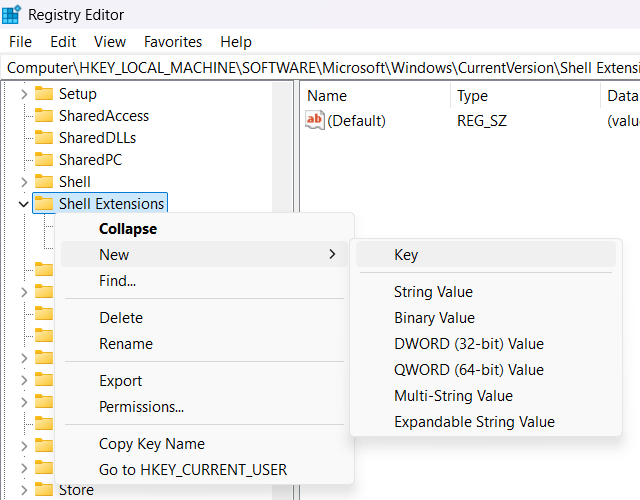 Create a new key in Shell Extensions
