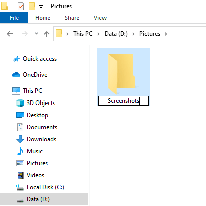 Create a new screenshots folder in Windows 10