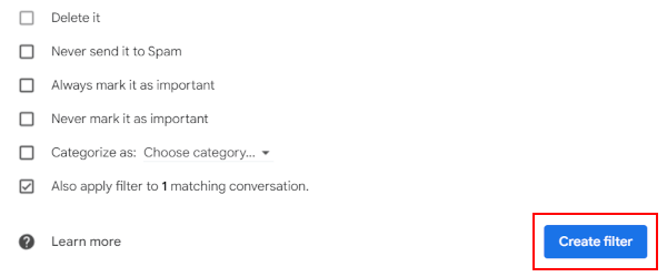 Create filter button in Gmail