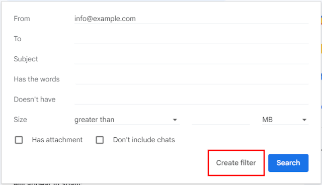 Create filter button in Gmail