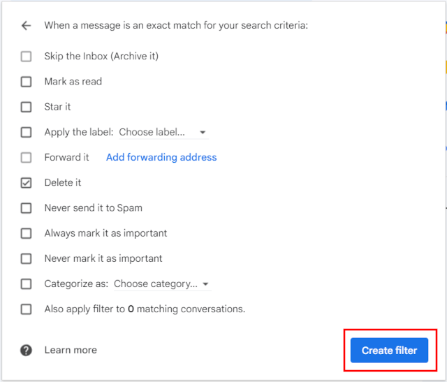 Create filter button in Gmail