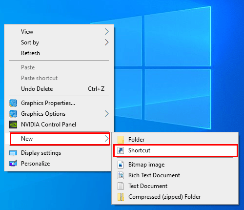 Create a new shortcut in Windows 10