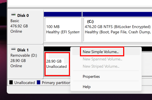 Create New Volume in Windows Disk Management