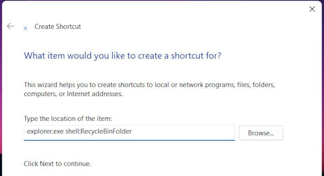 Create shortcut for Recycle Bin in Windows 11