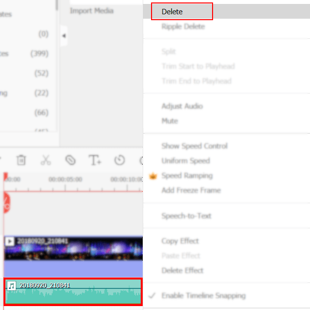 Delete audio in Filmora