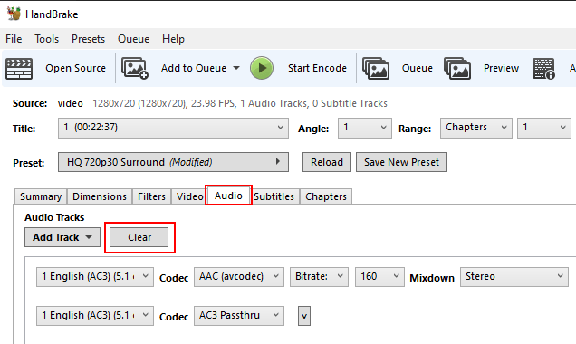 Delete audio tracks from video in HandBrake