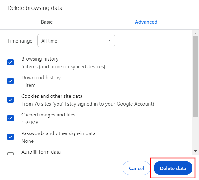 Delete browsing data in Google Chrome