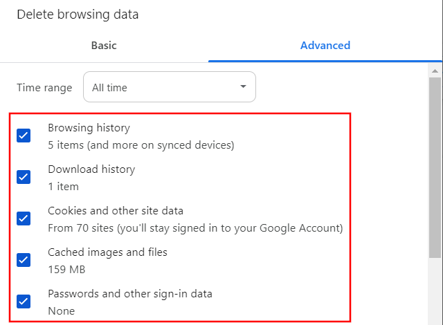 Delete browsing data in Google Chrome check browsing data