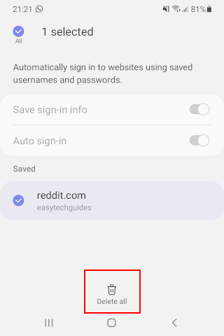 Delete saved passwords in Samsung Internet