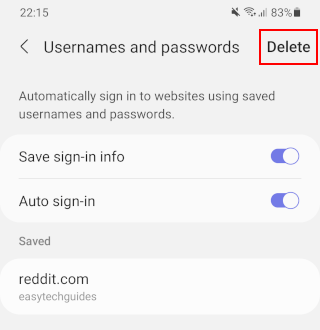 Delete saved passwords option in Samsung Internet