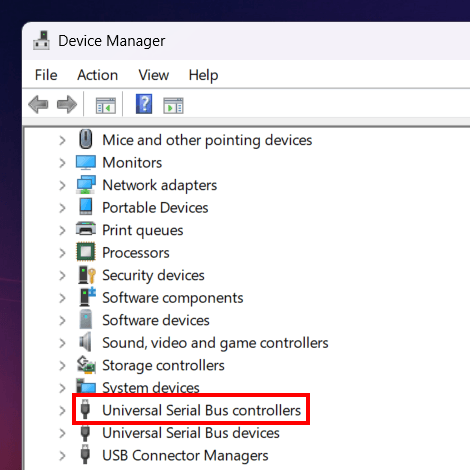 Device Manager Universal Serial Bus controllers