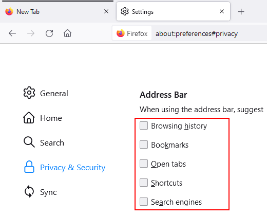 Disable Firefox search suggestions in the address bar