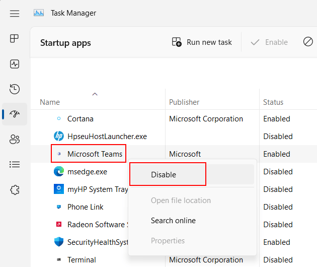 Disable startup programs in Windows 11 via Task Manager