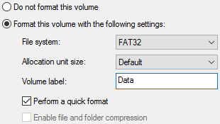 Disk Management Format Options