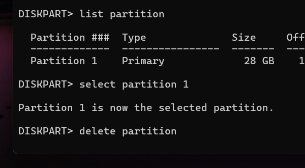 Diskpart delete partition command