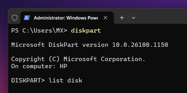 Diskpart list disk command