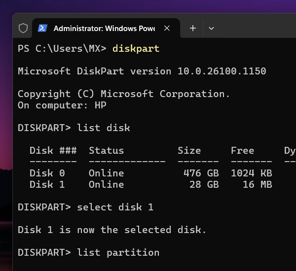 Diskpart list partition command