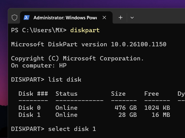 Diskpart select disk command