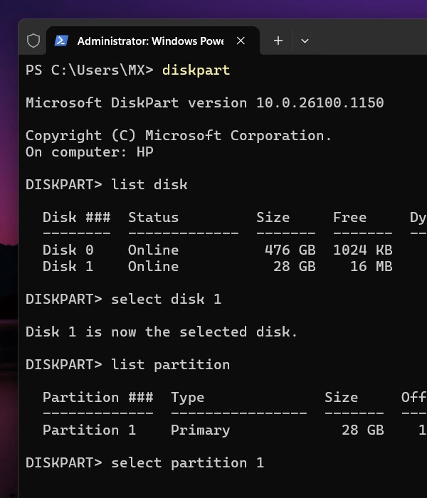 Diskpart select partition command