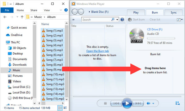 Drag files from File Explorer to Windows Media Player Burn list