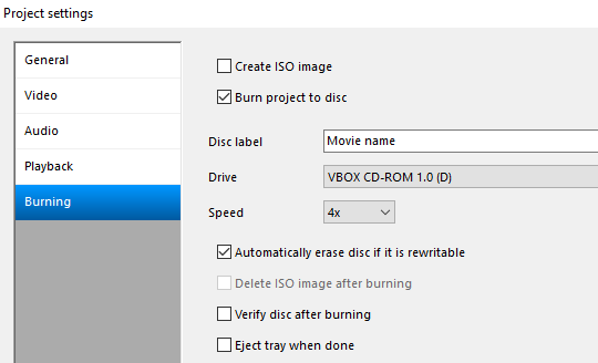 DVD Flick project settings burning tab