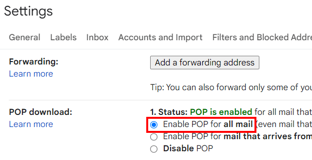 Enable POP for all mail in Gmail