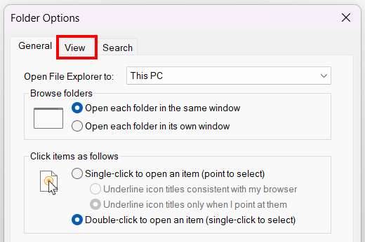 File Explorer Folder Options View tab