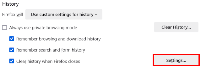 Firefox history settings button