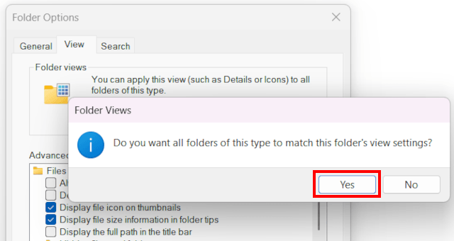 Folder Views confirmation dialog