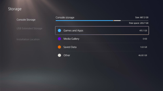 Games and Apps in PS5 Storage settings