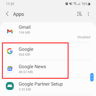 Google and Google News app in apps list