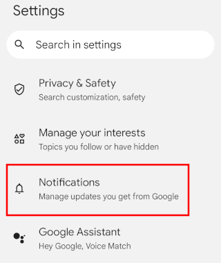 Google app notifications settings