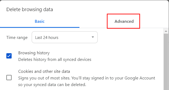 Google Chrome Delete browsing data Advanced tab