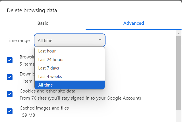 Google Chrome Delete browsing data time range